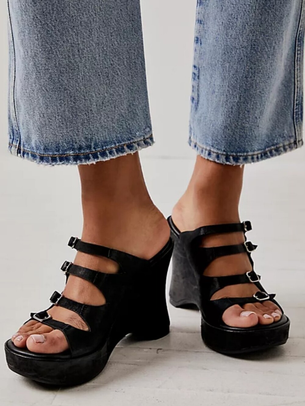 Free People Huffman Buckle Chunky Wedge Black Heel Shoes